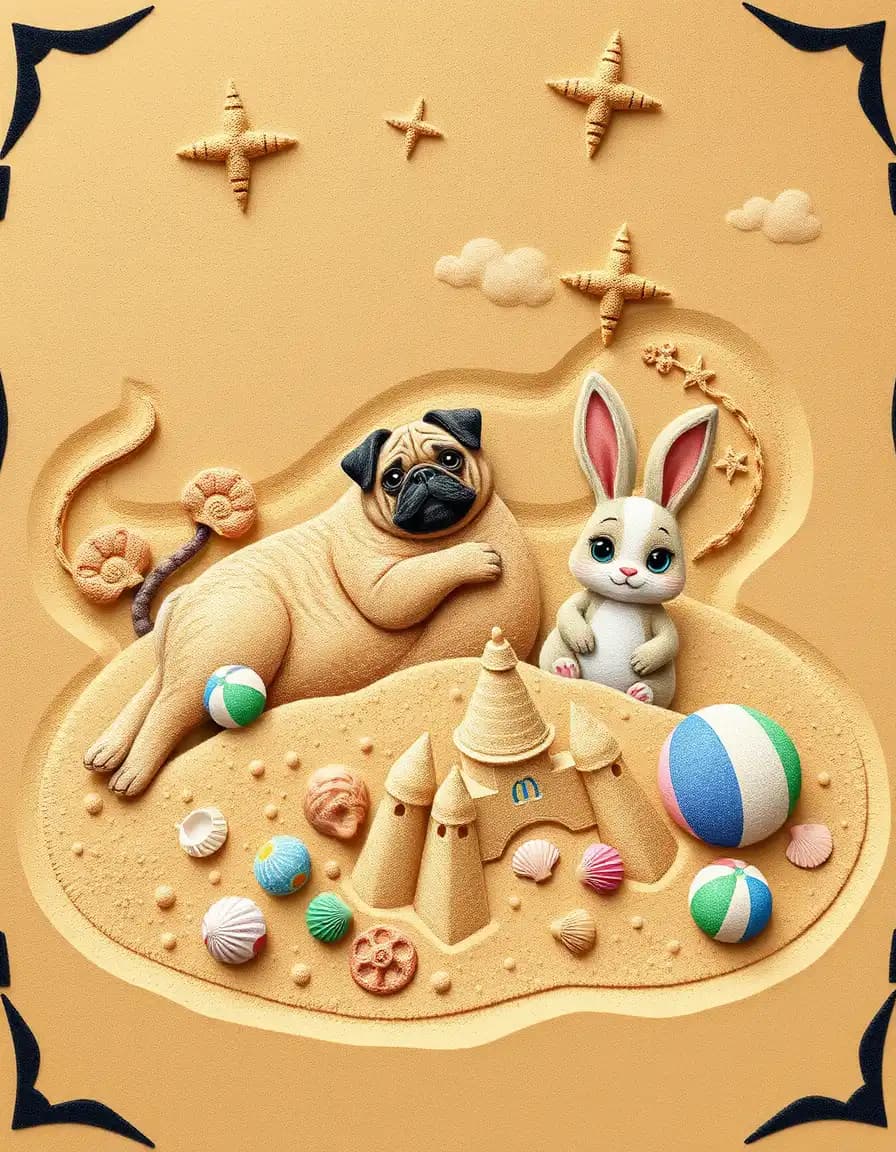 "create a life-size, intricate sand art illustration for kids, featuring a detailed colourful landscape of cat, pug and rabbit together in a fantastical playground with sandcastles, seashells and beach balls, set against a warm sandy background with black silhouetted borders."