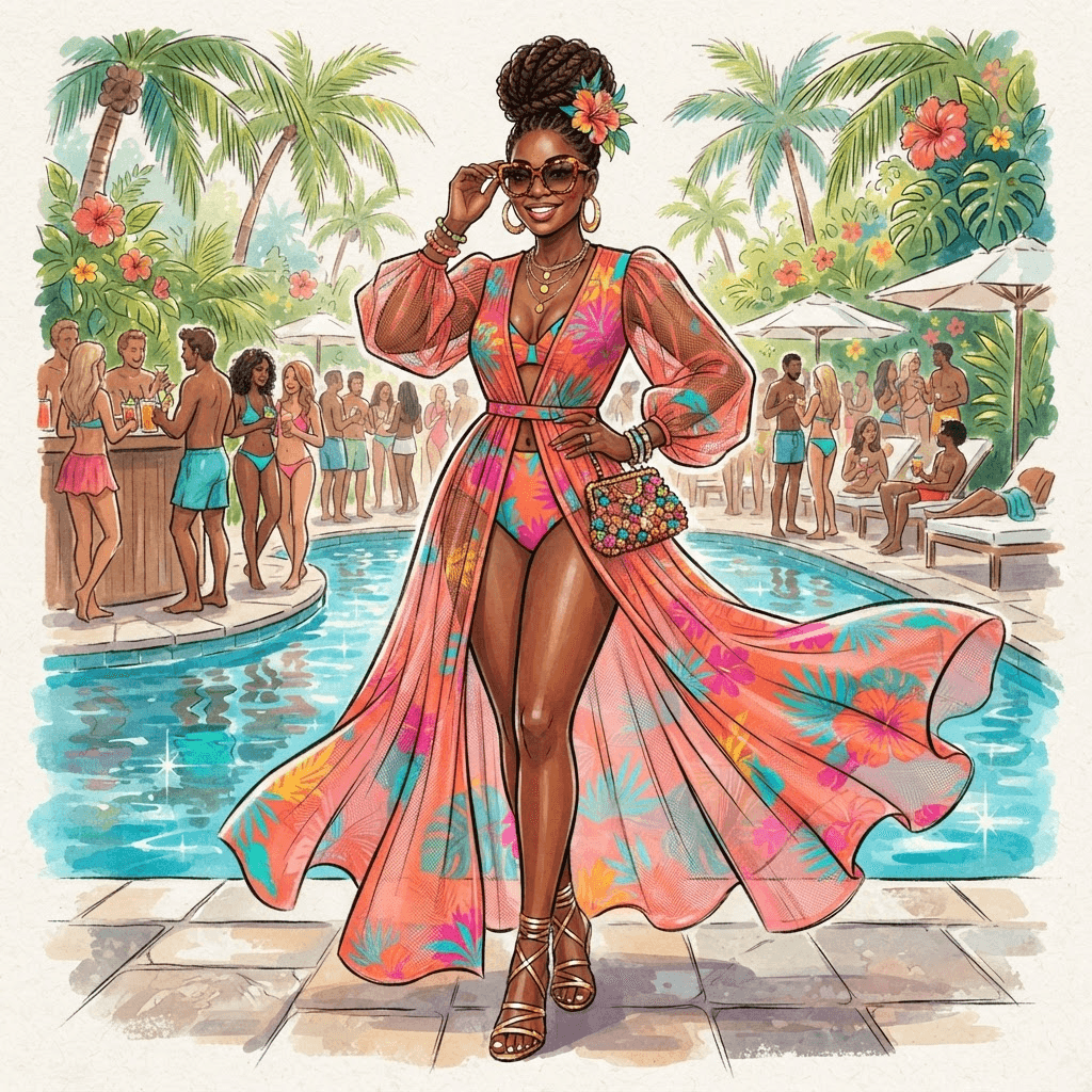 pool party fashion, bright swimwear with a sheer cover up, oversized sunglasses, tropical palette, full length gown look, fashion illustration, full body