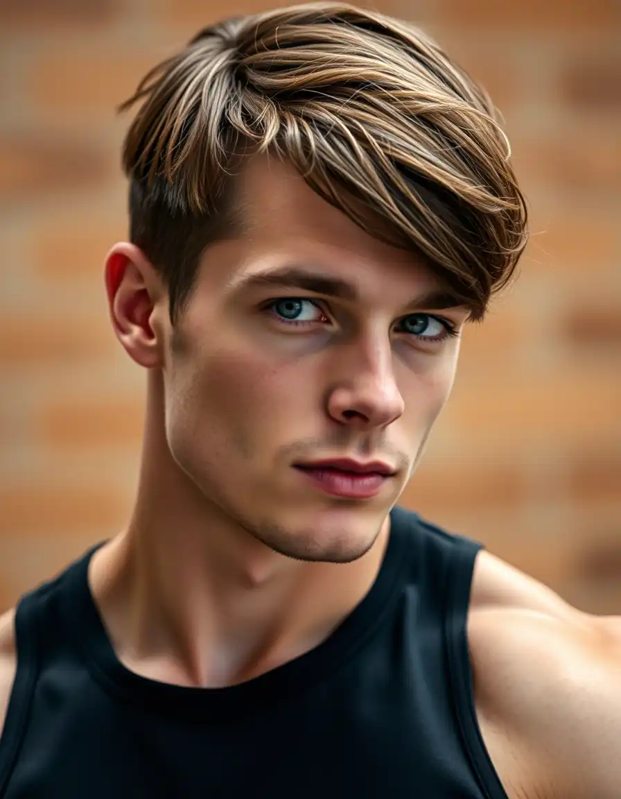 Create a man in his 25, fitness built, he is working out; has brown hair-his haircut is a bit of bangs and shorter hairand blue eyes