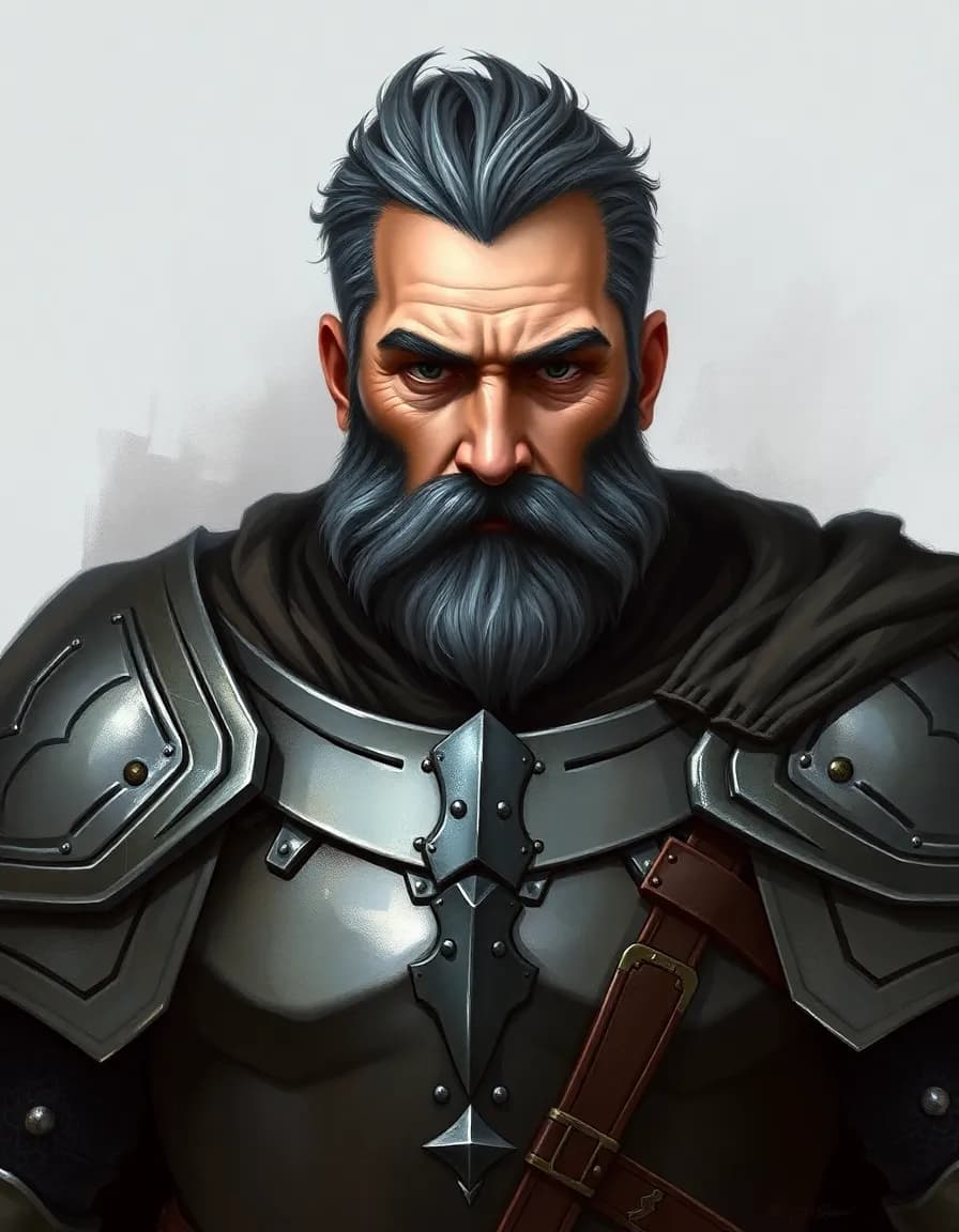 Portrait of a man. Grizzled warrior. Tall, strong. Wearing heavy armor, with a cape. Paladin. Dungeons & Dragons character art, highly detailed, semi-realistic, painted illustration, fantasy portrait, front-facing, looking directly at the viewer, 4K