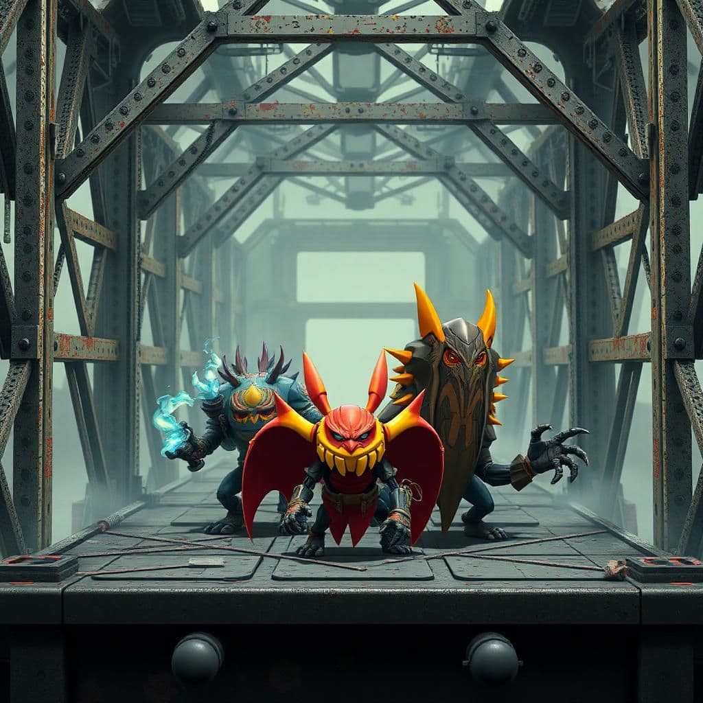 New unique enemies on a abandoned metallic structure background for a videogame design
