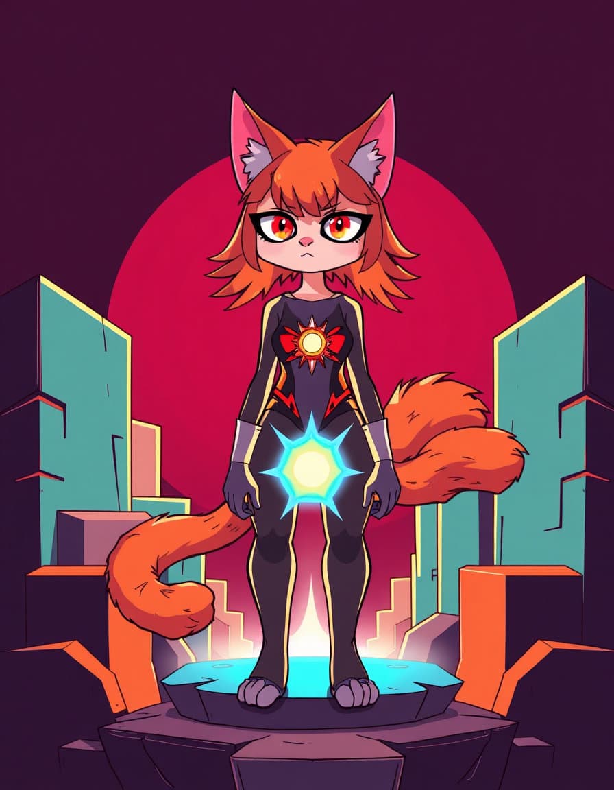 a catgirl (neko) with vibrant pink cat ears and a fluffy orange cat tail, set against a bold, high-contrast background reminiscent of chris moore's signature style, with clean comic-style linework and cinematic atmospheric lighting. the catgirl stands at the center of a dynamic modular composition, surrounded by interlocking geometric and organic blocks that form a cohesive, modern layout, with a stylized energy core at her core rendered with sharp detail and glowing highlights, and clean negative space in the upper left for title text, all within a 16:9 video thumbnail layout with ultra-detailed commercial illustration quality.