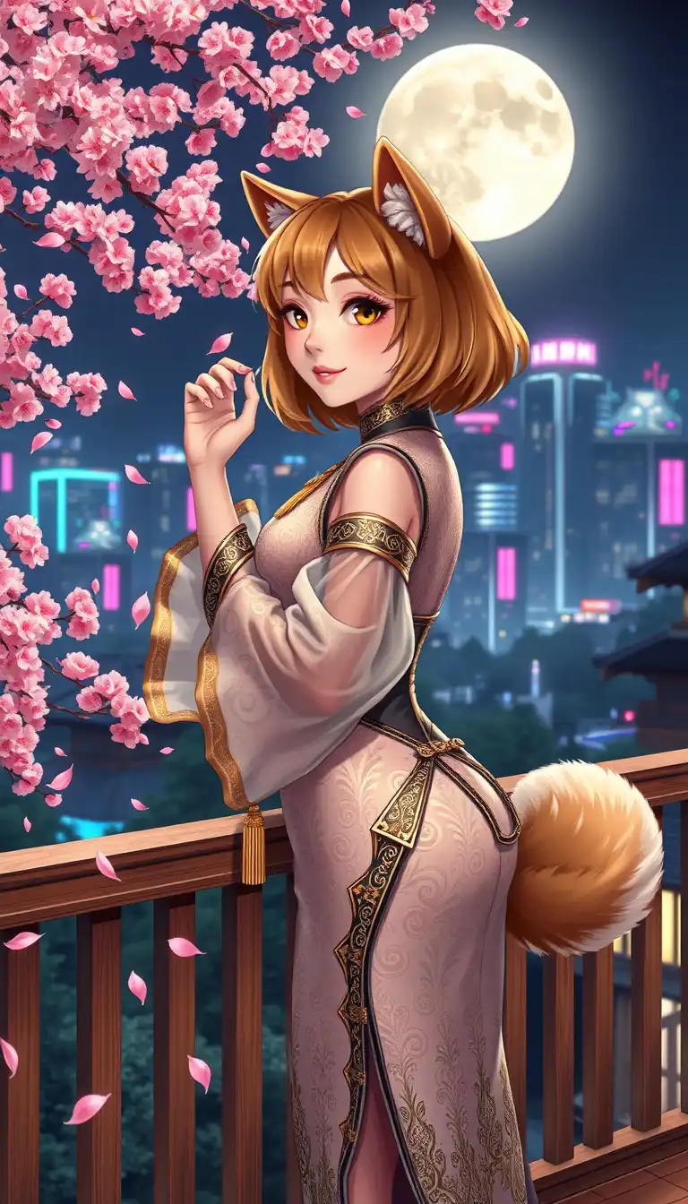 "A masterclass digital illustration rendered in the distinct, hyper-stylized art style of Hyung-tae Kim, featuring a single anthropomorphic Shiba Inu-human hybrid character on a wooden balcony at night. The character has an extremely exaggerated, tall 12-head proportion body with exceptionally large and prominent '超指数级巨大波' (extremely pronounced, high-exponential volume) breasts, balanced by a tiny waist and thick, powerful thighs and long legs, typical of the artist's signature aesthetic. Her face is a crucial element: it is a refined, delicate, youthful '年轻女性脸' (young woman face), with soft, alluring amber eyes, a gentle smile, and a graceful, captivating expression, contrasting with her voluminous figure. Fluffy Shiba ears with soft brown and cream fur poke out from her styled, voluminous blonde-brown bob haircut, which has choppy, feathery ends and frames her defined, elegant jawline. The top of her hand is gently raised, fingers running through her hair near her ear, a similar pose to image_0.png. She wears an ultra-detailed, form-fitting cheongsam-inspired dress made of iridescent white and gold brocade silk and intricate black and gold metal filigree, with translucent puffy chiffon sleeves (like image_0.png) and an extremely high side split revealing her upper thigh and garter strap with golden armor-like adornments. Tassels and gold jewelry adorn her neck and wrists. Her fluffy Shiba tail curls elegantly behind her. The background is a dense, beautifully illuminated night scene in a traditional Japanese garden under a massive, clear, bright full moon in the upper right. A prominent, blooming cherry blossom tree (夜间樱花树下) frames the left and foreground, with countless delicate pink petals drifting through the air and settling on the wooden railing. Beyond the garden, a modern cyberpunk neon metropolis (similar to image_0.png's background) is visible in the distance, with blurred blue, pink, and magenta neon signs and futuristic high-rise buildings providing a vibrant urban glow. The wooden railing she leans on is in the foreground, with cherry blossoms and petals scattered on it. The lighting is dramatic and moody, a mix of soft moonlight, warm garden lights, and cool, colorful neon reflections. Over-saturated, detailed, oil painting textures, cinematic 8k resolution, high-contrast, epic proportions."
