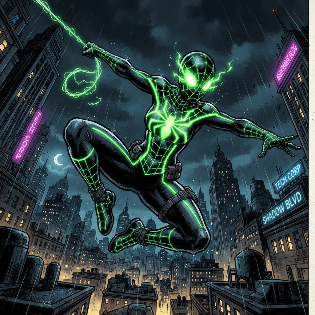 original spider hero in a black suit with neon green web lines, glowing lenses, dramatic leaping pose against a night sky, ink-heavy comic art, vibrant, crisp high detail