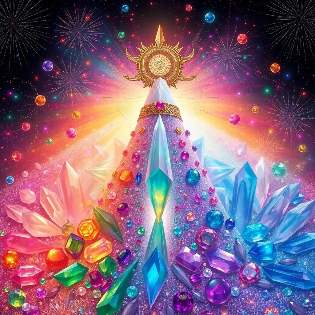 "imagine a realm of pure bejeweled perfection, overflowing with an explosion of mesmerizing firework glitz and unbridled rainbow magic.

dazzling gemstones - sapphires, rubies, emeralds, diamonds, and moonstones - weave an intricate, million-petaled dance across an infinite, glittering canvas, combining with sparkling crystals to form a blinding, breathtaking spectacle.

at the heart of this kaleidoscopic wonderland, a colossal crystal spire of chalcedony, opal, and moonstone towers, adorned with a million resplendent, extraterrestrial runes that radiate an otherworldly aura and shimmer in spectral colors.

from atop this shimmering crystal ziggurat, a grand throne of iridescent jade, star-studded opal, and pyrope garnet shines, encircled by a retinue of glimmering orbs that reflect a kaleidoscope of colors in shimmering, mercurial hues.

the throne's occupant, resplendent in an adornment extravaganza of blazing diamonds, sapphires, rubies, and emeralds, grasps a sceptre of compressed, magnetized stardust and pure, crystalline energy.

the surrounding landscape is a majestic tapestry of glimmering gemstones, glittering silver and gold dust drifting in glistening currents of iridescent, rainbow-hued air, illuminated by blazing columns of fiery chalcedony, serpentinite, and labradorite."
