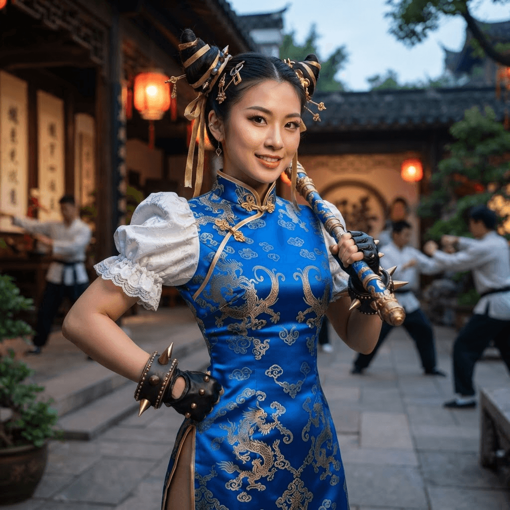 a martial artist in a blue qipao dress with gold accents, white puffed sleeves, ox horn hair buns and spiked bracelets, cosplay portrait, waist up, detailed costume