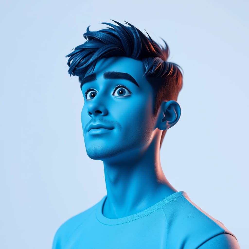 A male, portrait, blue tone, Disney Pixar studio style portrait photography, soft tone, model posing, half-length, with fine gloss, white clean background, 3D rendering, bokeh, Octane Render (OC), Blender, intellectual property style, best quality, 8K, super detailed, simple, cute