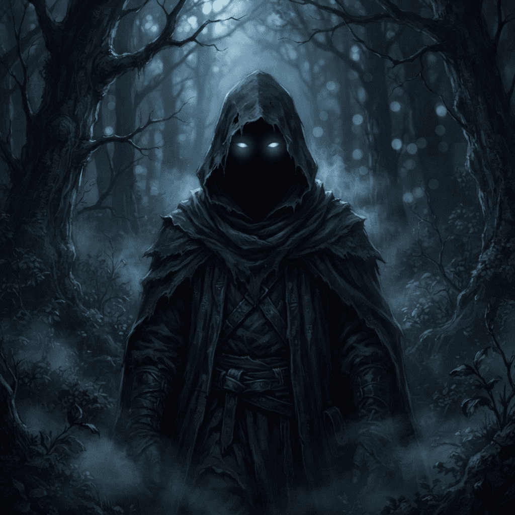 mysterious hooded figure avatar, glowing blue eyes in shadow, misty midnight forest, moody atmospheric fantasy, dark navy palette