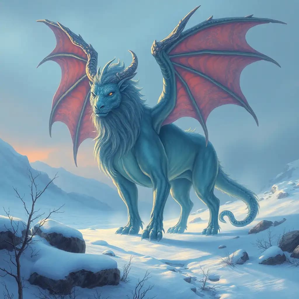 Mythical creature in a snowy landscape