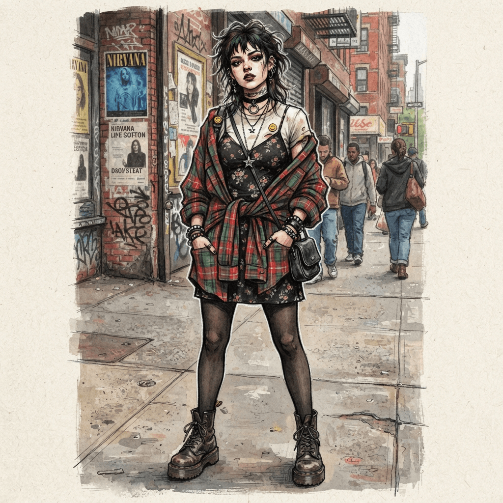 nineteen nineties fashion, slip dress over a tee, chokers, chunky boots, grunge plaid, styled with statement accessories, fashion illustration, full body