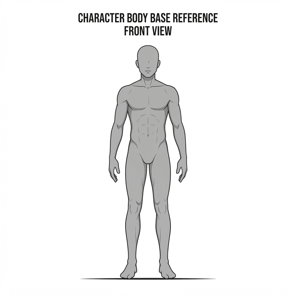 character body base reference for artists, full body standing front view, neutral pose, arms slightly out, plain grey mannequin figure, flat colour, simple line art, flat shading, white background, clean drawing template, clean soft gradient studio background, vibrant, crisp high detail, digital illustration