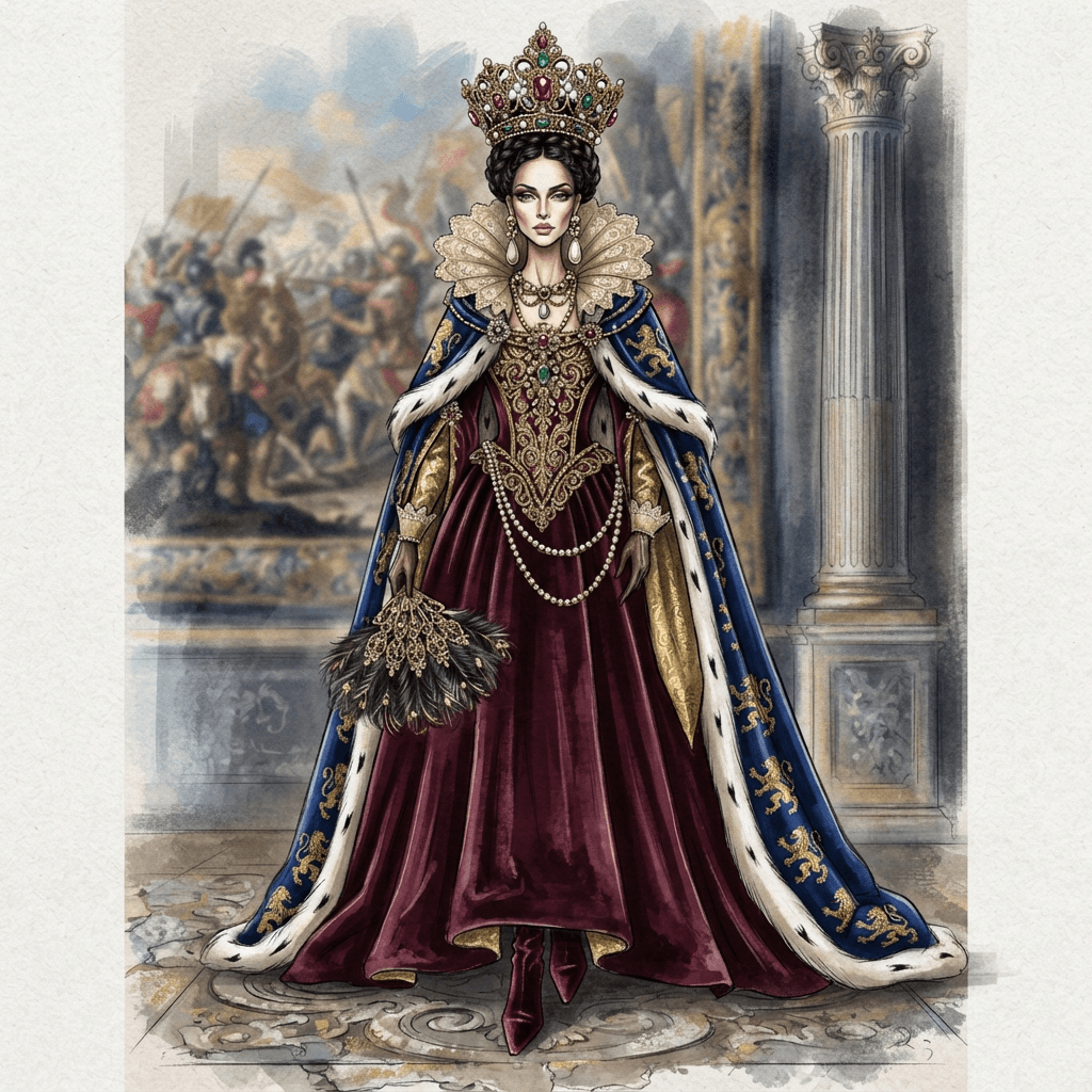 historical figure inspired fashion, regal period costume, ornate crown and robes, styled with statement accessories, fashion illustration, full body