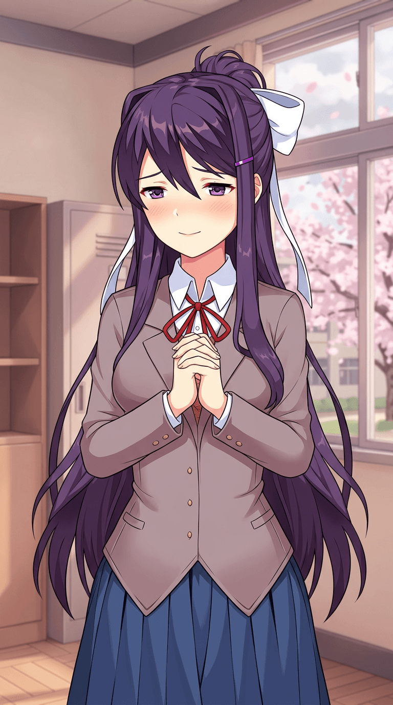 Original character in the Doki Doki Literature Club visual novel art style: a shy anime schoolgirl with long dark purple hair and a white bow, hands clasped, grey blazer with a red ribbon, cherry blossoms outside the clubroom window, soft pastel cel shading and clean line art. Portrait framing from the waist up, face in the upper third of the frame, one character only. No text, no logo, no watermark.