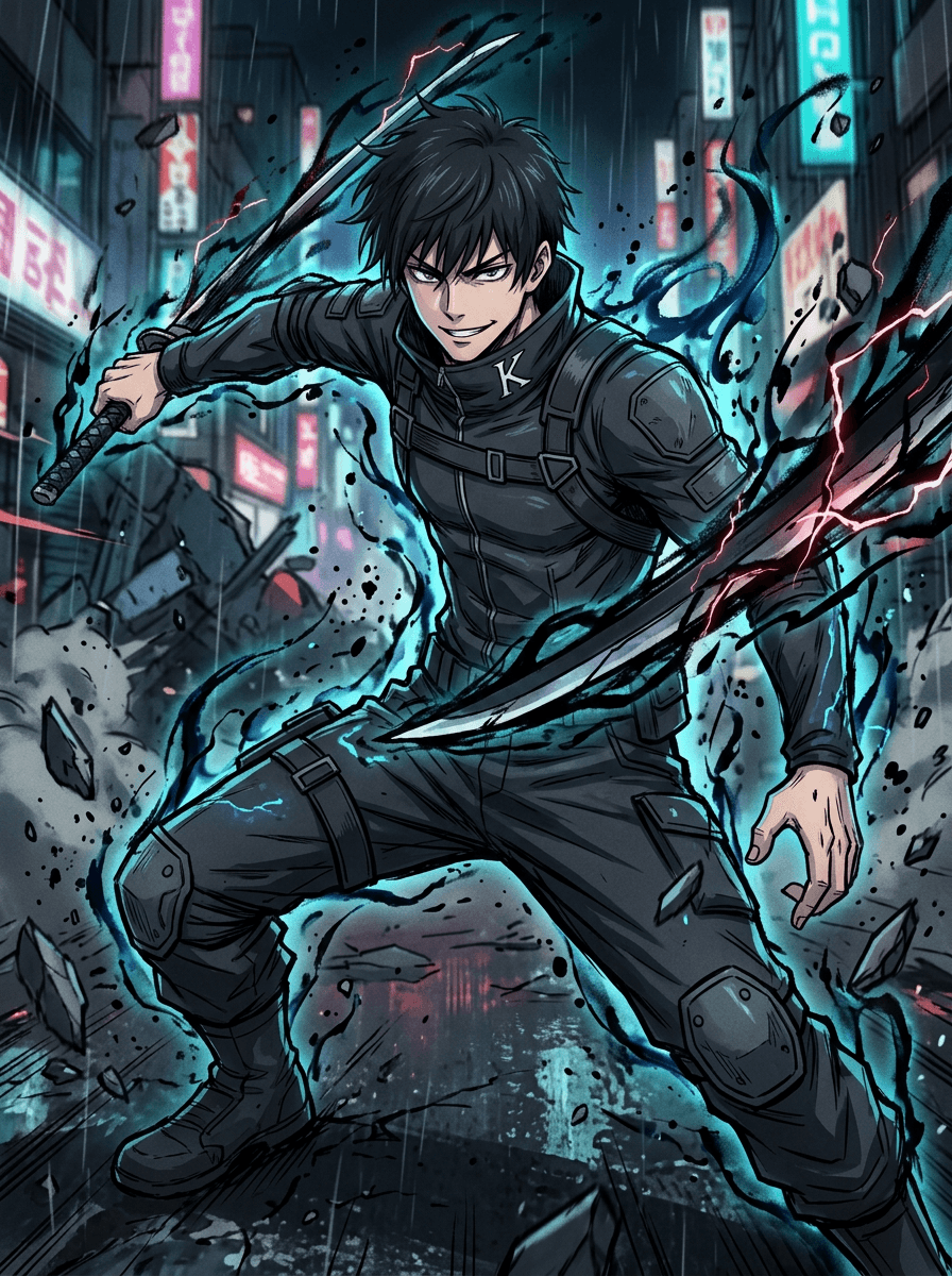 an original jujutsu sorcerer character, confident battle stance, glowing cursed energy swirling around the body, sleek dark sorcerer uniform, signature weapon, Jujutsu Kaisen anime style, cinematic MAPPA-inspired action, crisp cel shading, dynamic cursed-energy effects, dramatic ink linework, high-contrast lighting, fluid action poses, detailed sorcerer uniforms, intense facial expressions