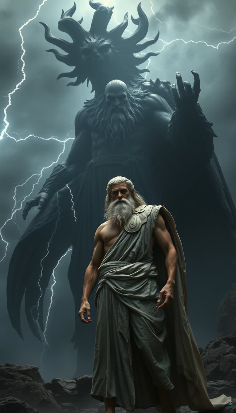 Zeus standing beneath the shadow of Nyx, powerful Greek god looking cautious and intimidated, giant dark goddess towering behind him, lightning fading in the storm, Olympus trembling, cinematic tension, dark mythology atmosphere, ultra realistic Greek gods, dramatic lighting, epic fantasy realism, 8k, vertical 9:16