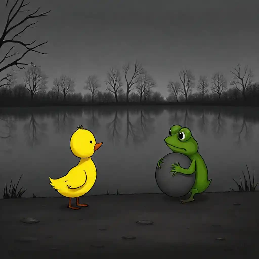 Ducky and Froggy by a dark lake, Ducky staring at Froggy's grey ball. The lake mirrors the gray sky and leafless trees. Ducky, a sad yellow duck, gazes at the ball sadly. Froggy, a gloomy green frog, clings to the ball feeling empty.