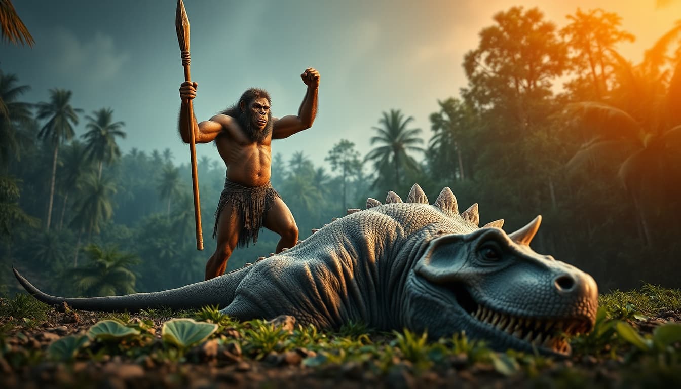 Cinematic prehistoric scene, a muscular tribal ape‑like creature standing triumphantly with a spear over a defeated dinosaur with horns, T-Rex or similar dinosaur lying down, prehistoric forest background, realistic lighting, epic adventure style, high detail, vibrant colors, dramatic composition, cinematic rendering, 16:9