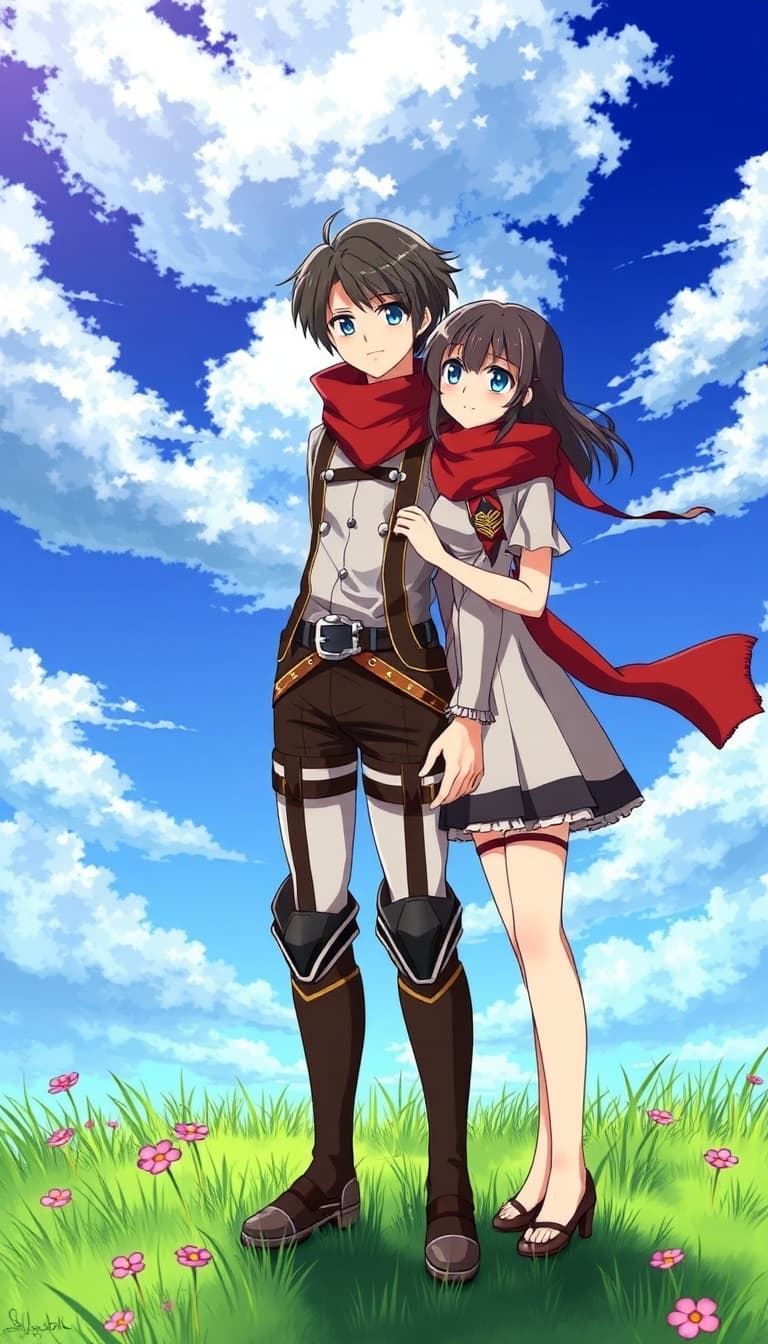 Ghibli art anime  character from aatek on Titan solider dress add boy eren Yeager and mikasa  love couple  miksa wear red scarf  make a cutest  clear eyes boy long hair  boy dress soldier  form attack on Titan