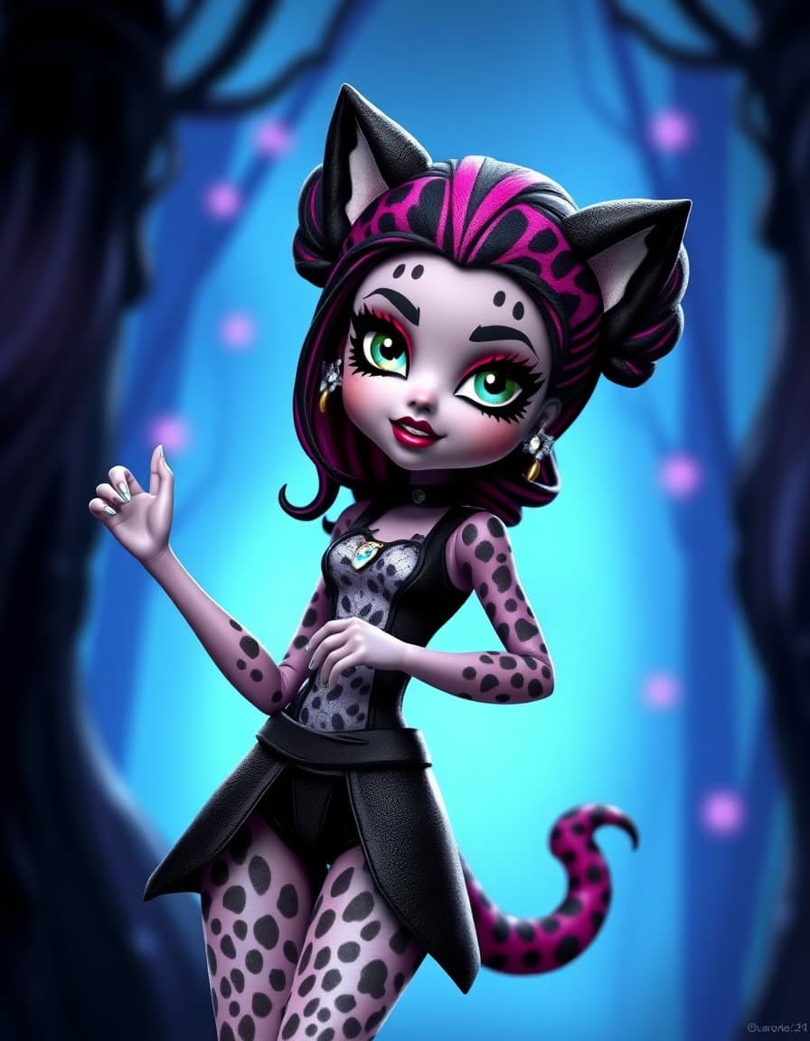 Fais une monster high 3d de la génération 1, un corps comme clawdeen wolf, une femme léopard noir, des cheveux bouclés