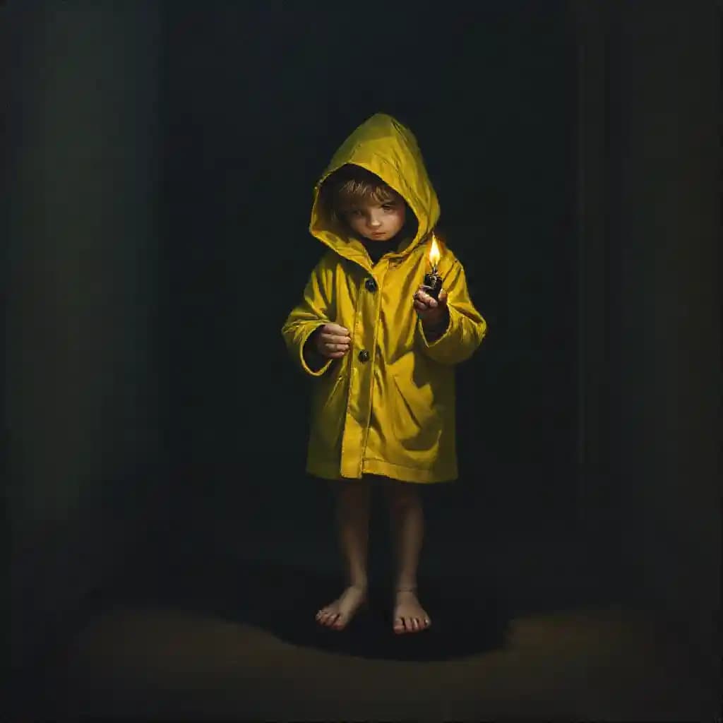 In a dimly lit room, a small barefoot girl stands wearing a yellow raincoat. Her face is hidden beneath the hood as she holds an old wick lighter. The soft flame flickers, casting eerie shadows around her. The oil painting captures a sense of mystery and solitude, reminiscent of the unsettling style of "Little Nightmares".