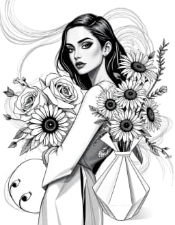a fashion model with an origami‑paper body and crisp folded planes, posed beside a delicately folded paper vase holding a bouquet of roses, sunflowers and daisies, black‑and‑white high‑contrast palette, rendered in bold fauvist brushstrokes and simplified shapes, winding trail composition weaving through the frame, almond‑shaped eyes with ultra‑long black winged eyeliner, stark gray eyeshadow, monochrome lips outlined in thick black animation lines, chaotic graphic lines and volumetric light glow, unified by expressive high‑contrast black and white palette