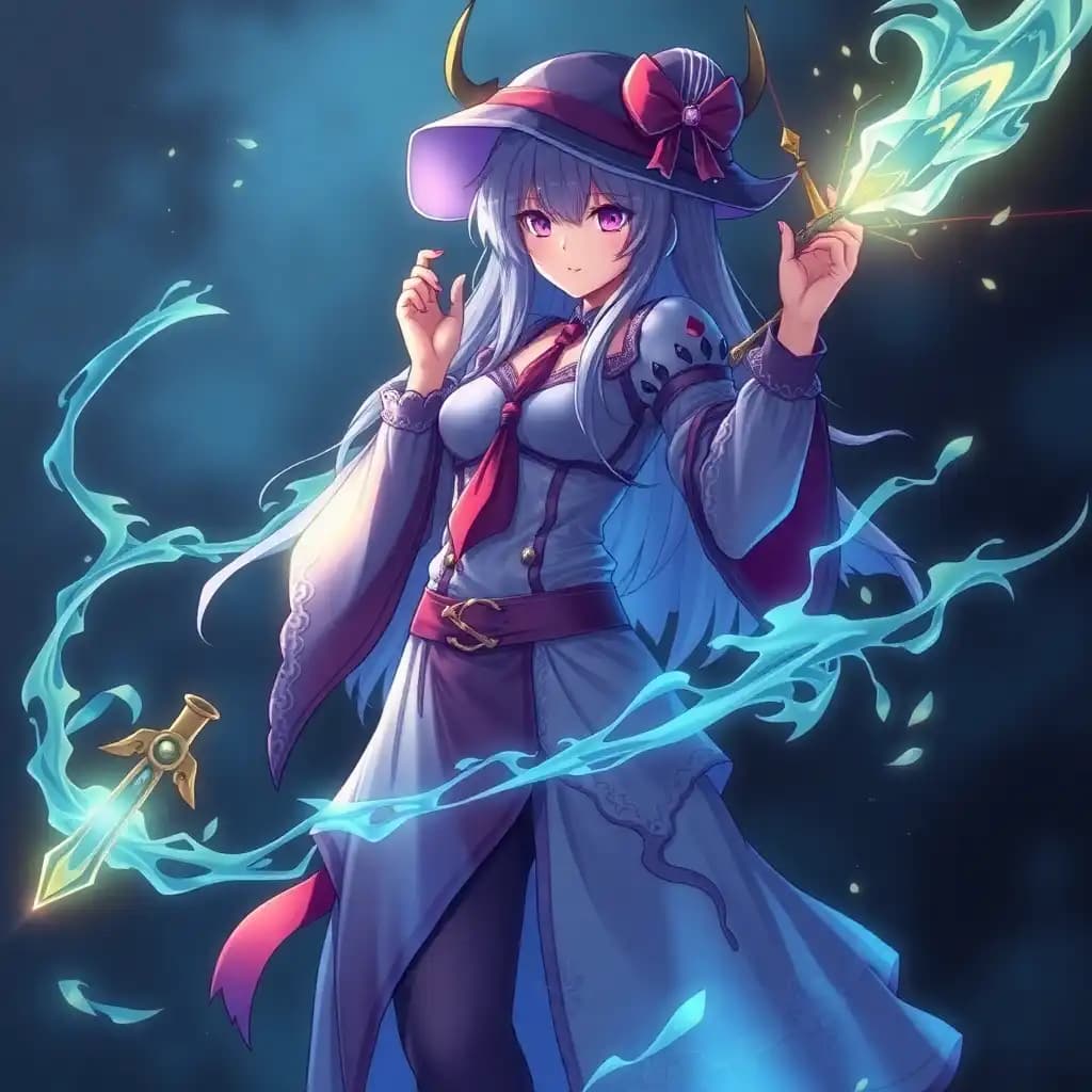 An anime fantasy secret girl mage with full body visible