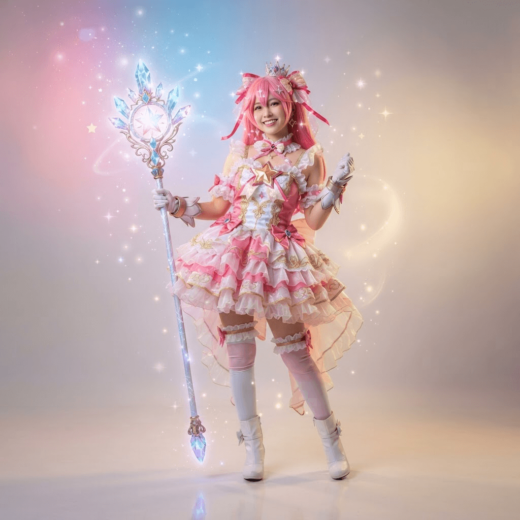 a cosplayer in a magical girl costume with a crystal staff and layered ruffled dress, full body, clean soft gradient studio background, cinematic studio lighting, crisp high detail