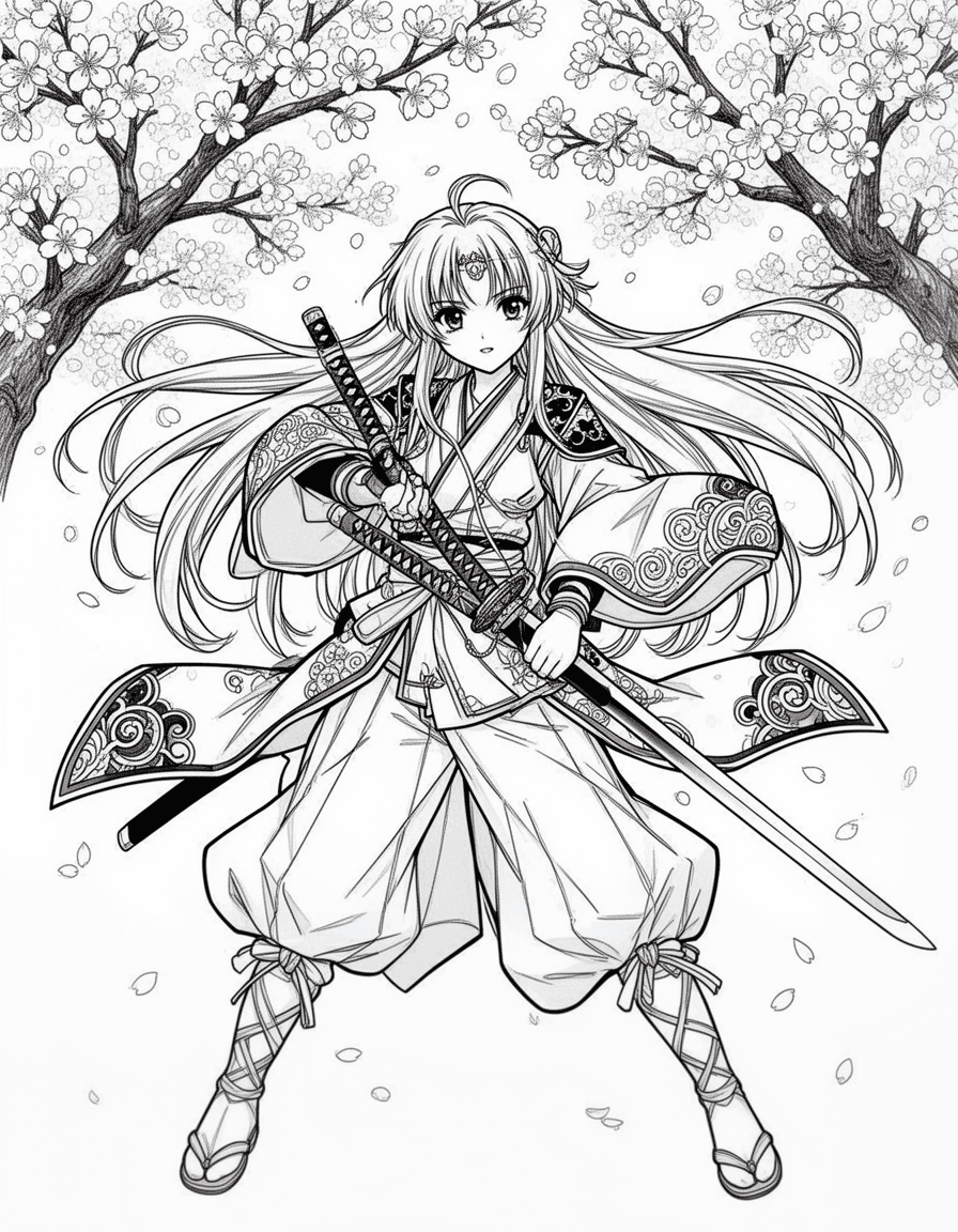 highly detailed black and white line art of an original anime warrior girl with long flowing hair holding a katana under cherry blossom trees, dynamic pose, intricate clothing patterns, clean bold outlines, no shading, no grayscale, coloring book style, white background, 300 dpi