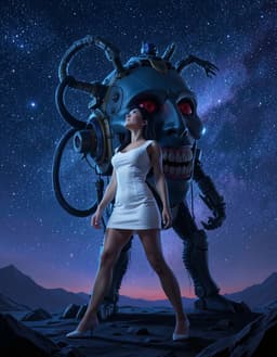 cyber‑punk samurai woman in a white mini‑dress, robomonster, under a vast night sky filled with endless stars, cool blue and purple hues, lonely starlight mood, serene cosmic melancholy, the woman gazes upward, robomonster stands behind her poised for battle, low‑angle wide shot.