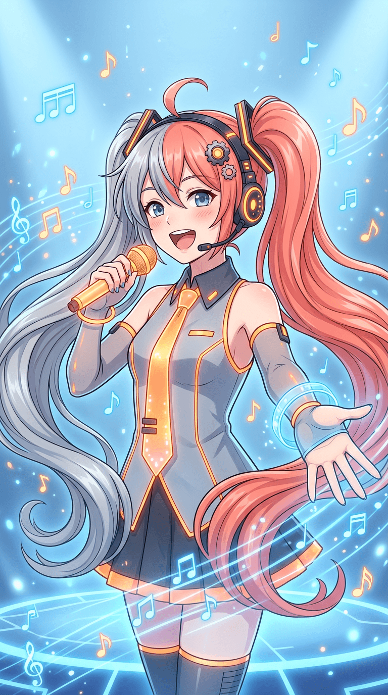 Original Vocaloid character in the official Vocaloid box-art illustration style: a singer with long silver and coral twin tails, futuristic headset, sleeveless grey top with a glowing tie and detached sleeves, singing with one hand out, clean anime line art, soft light-blue stage with floating music notes. Portrait framing from the waist up, face in the upper third of the frame, one character only. No text, no logo, no watermark.
