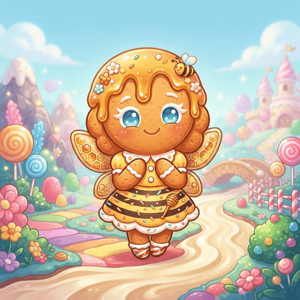 cute chibi gingerbread cookie person character with a rounded biscuit body, honey gold drip icing hair, yellow and black striped icing outfit, tiny honeycomb wings, standing by a cream river in a candy kingdom, bright game art style, full body