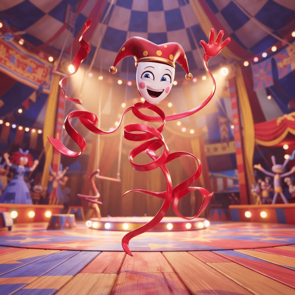 Gangle from The Amazing Digital Circus, slender red ribbon body, white theatre comedy mask face, graceful curling ribbon limbs, dynamic playful action pose under the big top, glossy 3D circus style, polished expressive 3D animation, bright colorful Amazing Digital Circus environment, no text, no logo, no watermark