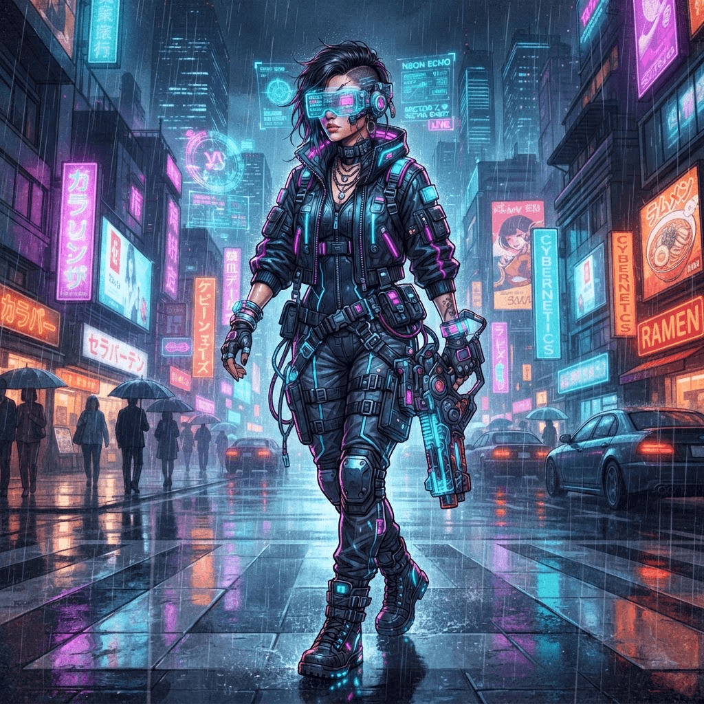 cyberpunk fashion, neon lit techwear, led trim, holographic visor, rain slick city palette, styled with statement accessories, fashion illustration, full body