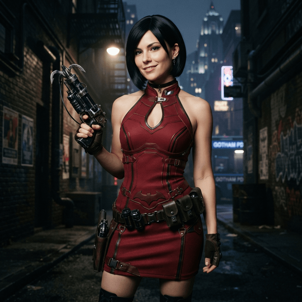 a woman in a red halter dress with a sleek black bob and a grappling hook gun, cosplay portrait, waist up, detailed costume