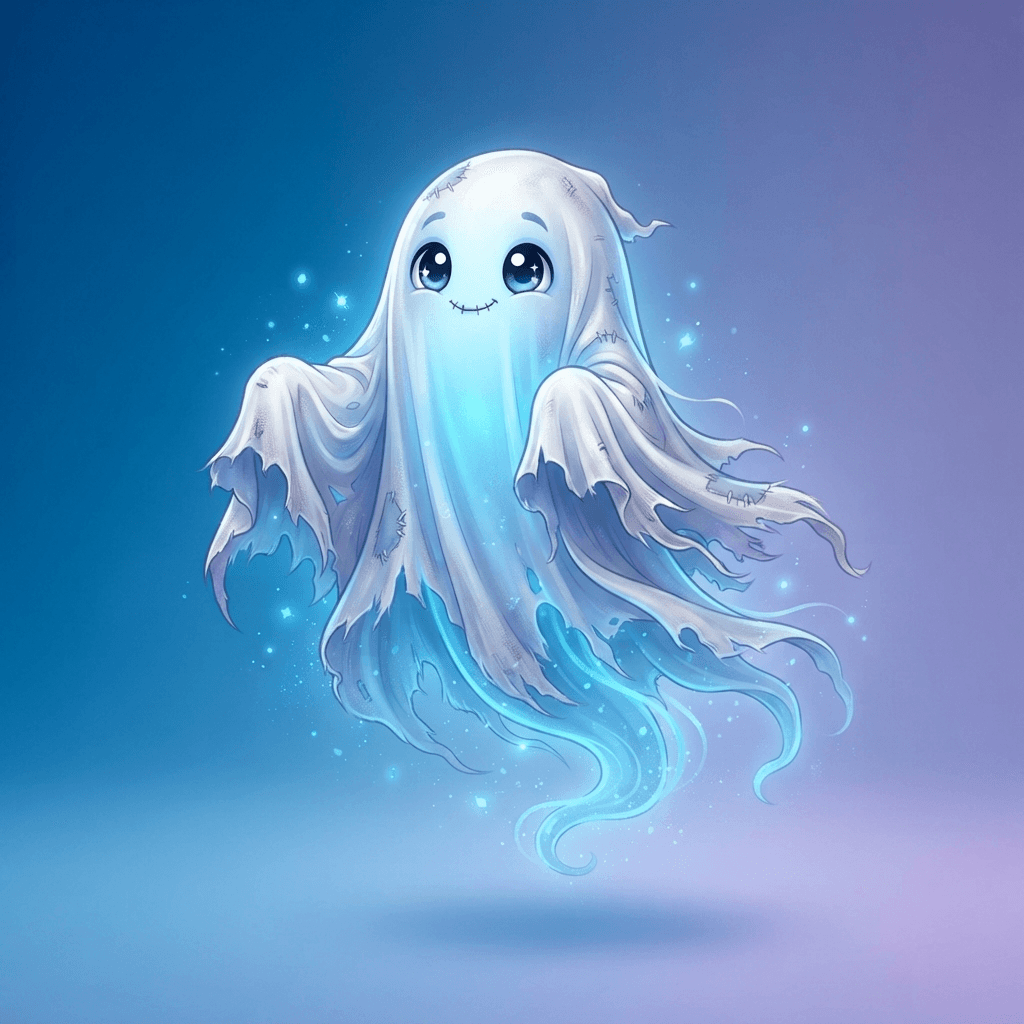an original ghost character, a cute floating spirit under a tattered white sheet with big friendly eyes and a soft blue glow, full body original character design, clean soft gradient studio background, vibrant, crisp high detail, digital illustration, no text, no words, no watermark