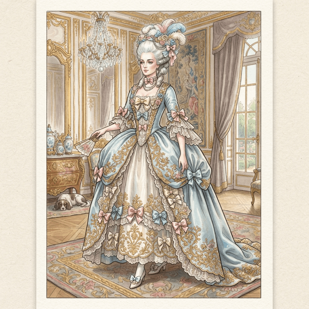 rococo fashion, pastel panniered gown, powdered wig, silk bows, gilded embroidery, full length gown look, fashion illustration, full body