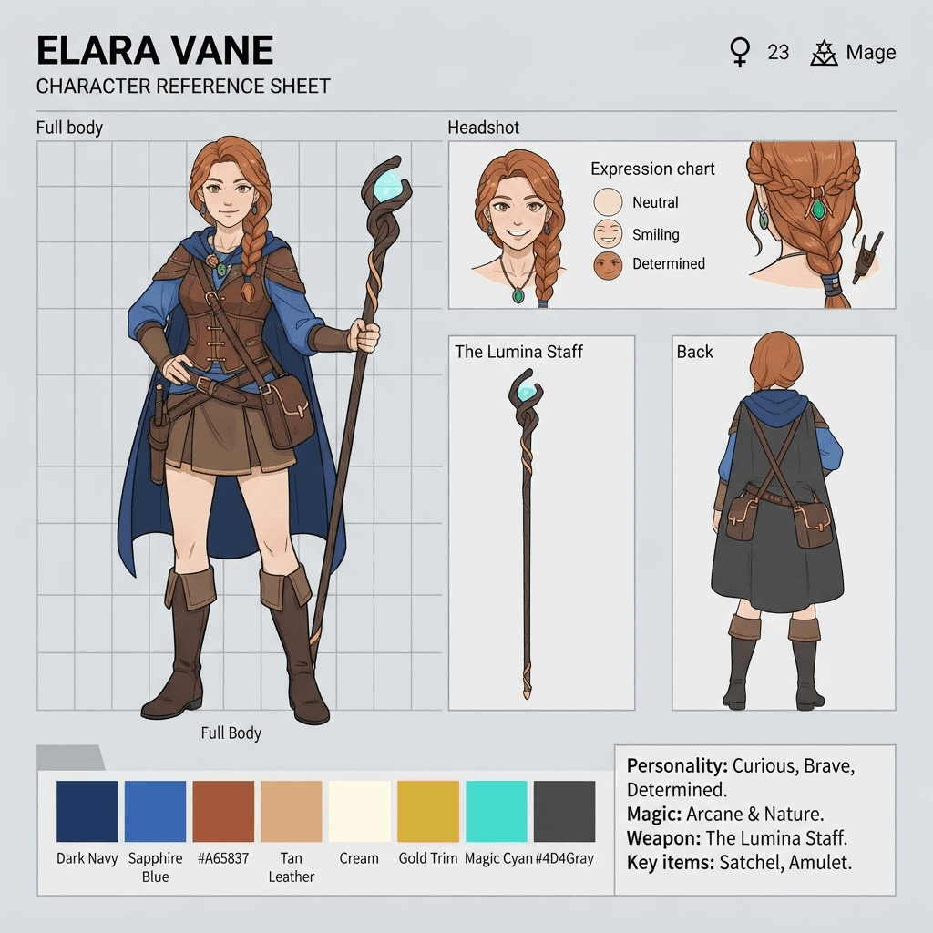 an original character reference sheet with full body views and a color palette strip, clean layout