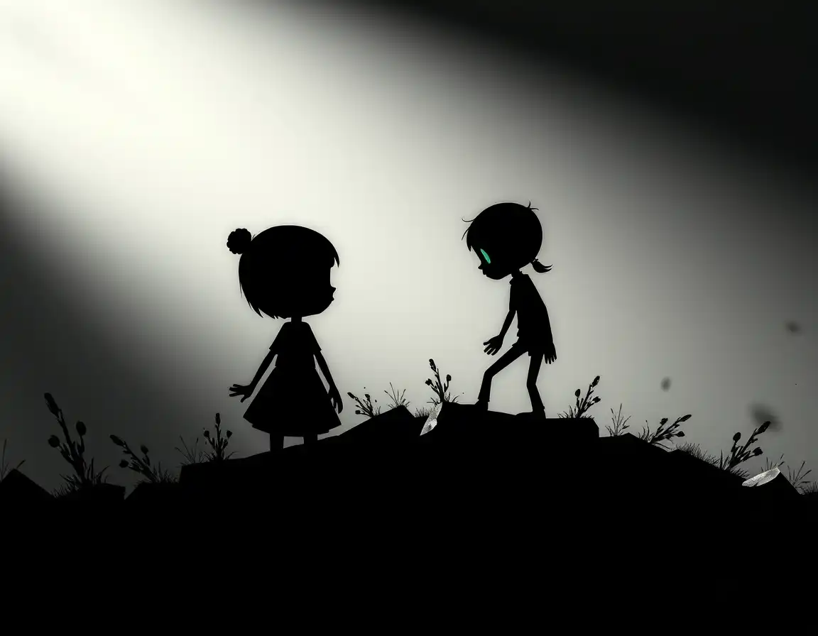black chalk silhouette with color escaping into darkness inbound, rendered in ena dream aesthetic: surreal low‑fidelity flash‑animation style with ps1‑era polygonal textures and hand‑drawn 2d characters, acidic discordant palette of lime green, magenta, sickly yellow against washed‑out grays, bisected mismatched forms, warped impossible geometry, grainy surfaces and tape‑like hiss, creating an uncanny, melancholic, playfully broken dream‑logic atmosphere.