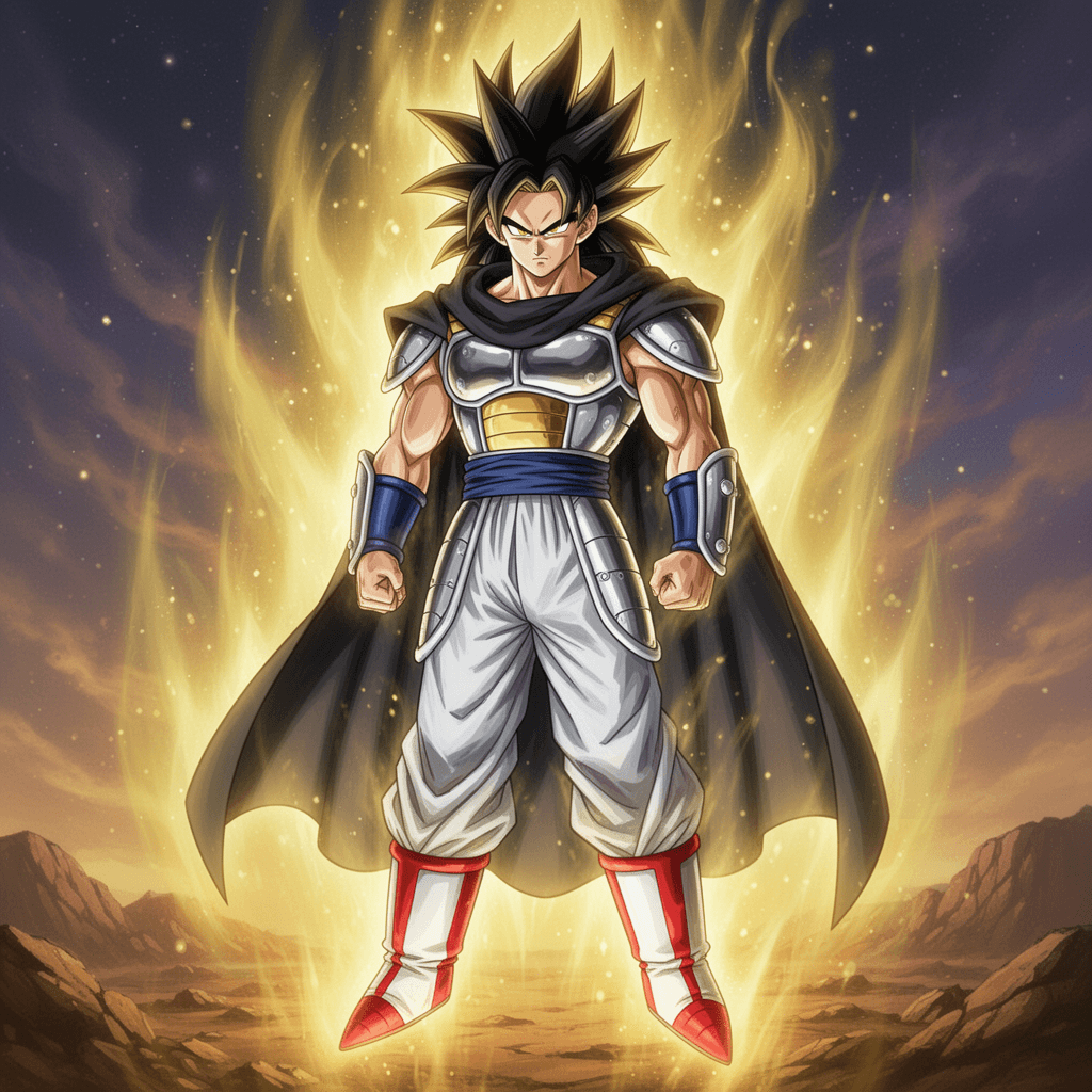 Male,Dragon Ball Z,tall,athletic,fair skin,golden eyes,spiky hair,long hair,black hair,wrist guard,arm cuff,hooded cloak, sliver armor, white pants,red and white Saiyan boots,Benji,LSSJ,stoic,confident,focused,LSSJ Aura,saiyan,super saiyan,legendary super saiyan,anime,manga,fighter,warrior,power,energy,aura