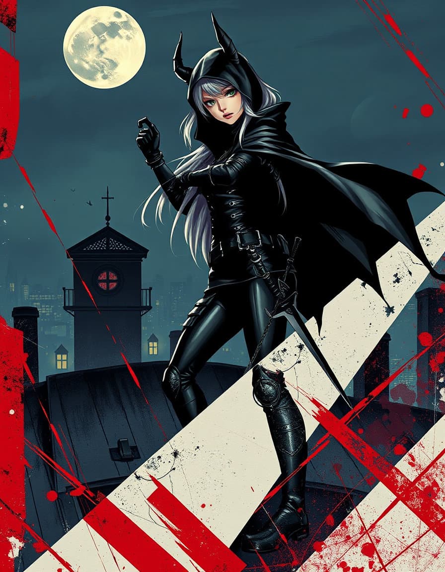 stealthy anime female assassin on a gothic rooftop at night, silhouette in black leather demonic armor, silver hair, green eyes, cloak, hidden blades. russian avant‑garde style, bold geometric abstraction, dynamic diagonal composition, hard‑edged angular forms, collage‑influenced fragmentation, palette of red, black, white, metallic, vivid primaries, dramatic moonlit atmosphere.
