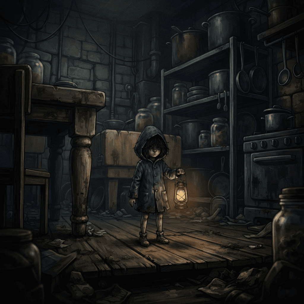 original little nightmares style oc, tiny child in teal raincoat with lantern, eerie oversized kitchen, creepy-cute moody lighting