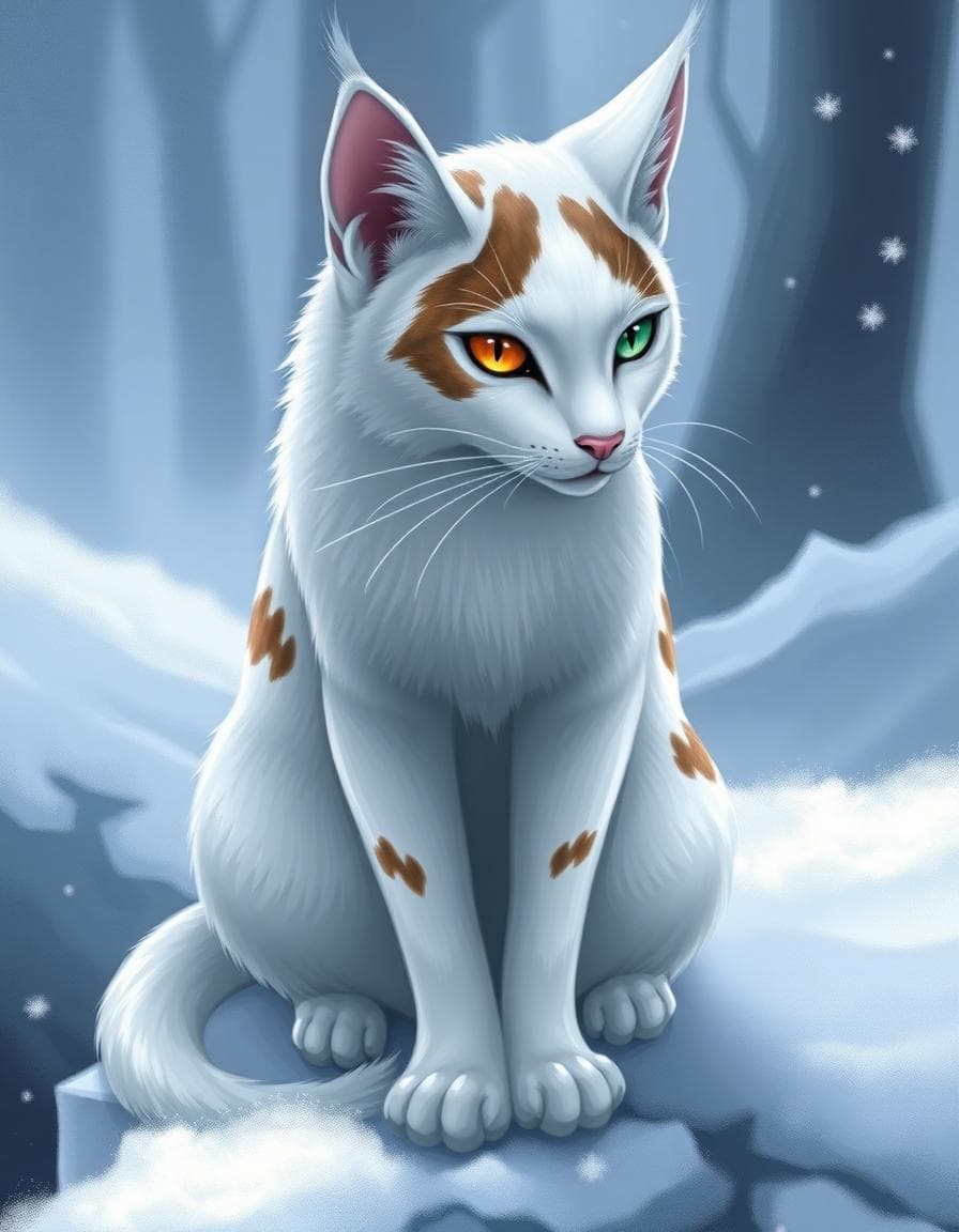 name:Frostpelt
age:22
Gender:Female 
Role:warrior
Clan:thunderClan (formerly frostclan)
Description:(A lithe she-cat with white fur and tortoiseshell patches, and a calm demeanor. She has one amber eye and one green eye. Known for her agility and strategic thinking, she is a skilled scout and strategist.Agility, strategic thinking, and calm demeanor.)