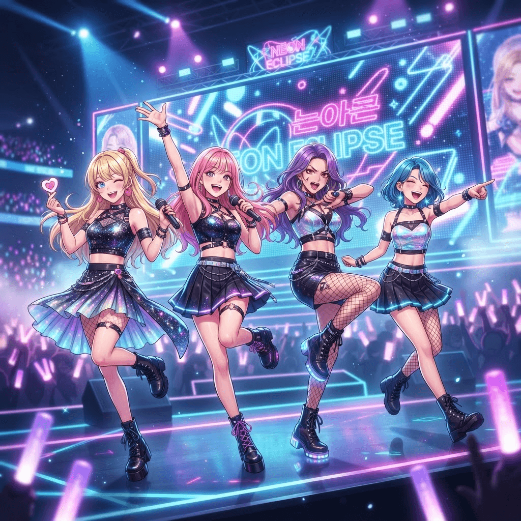 anime style k-pop idol group of four members, coordinated fashion, neon concert lighting, energetic poses, soft gradient background, vibrant, crisp high detail, digital anime illustration