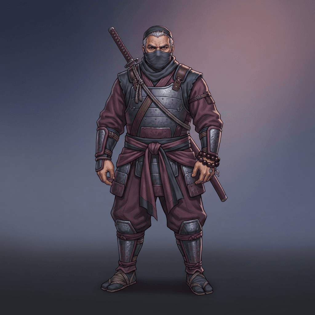 original character design of a stocky older ninja, plum and slate grey armored outfit, face wrap, prayer beads on wrist, full body standing pose, clean soft gradient studio background, vibrant, crisp high detail, digital illustration, no text, no words, no watermark