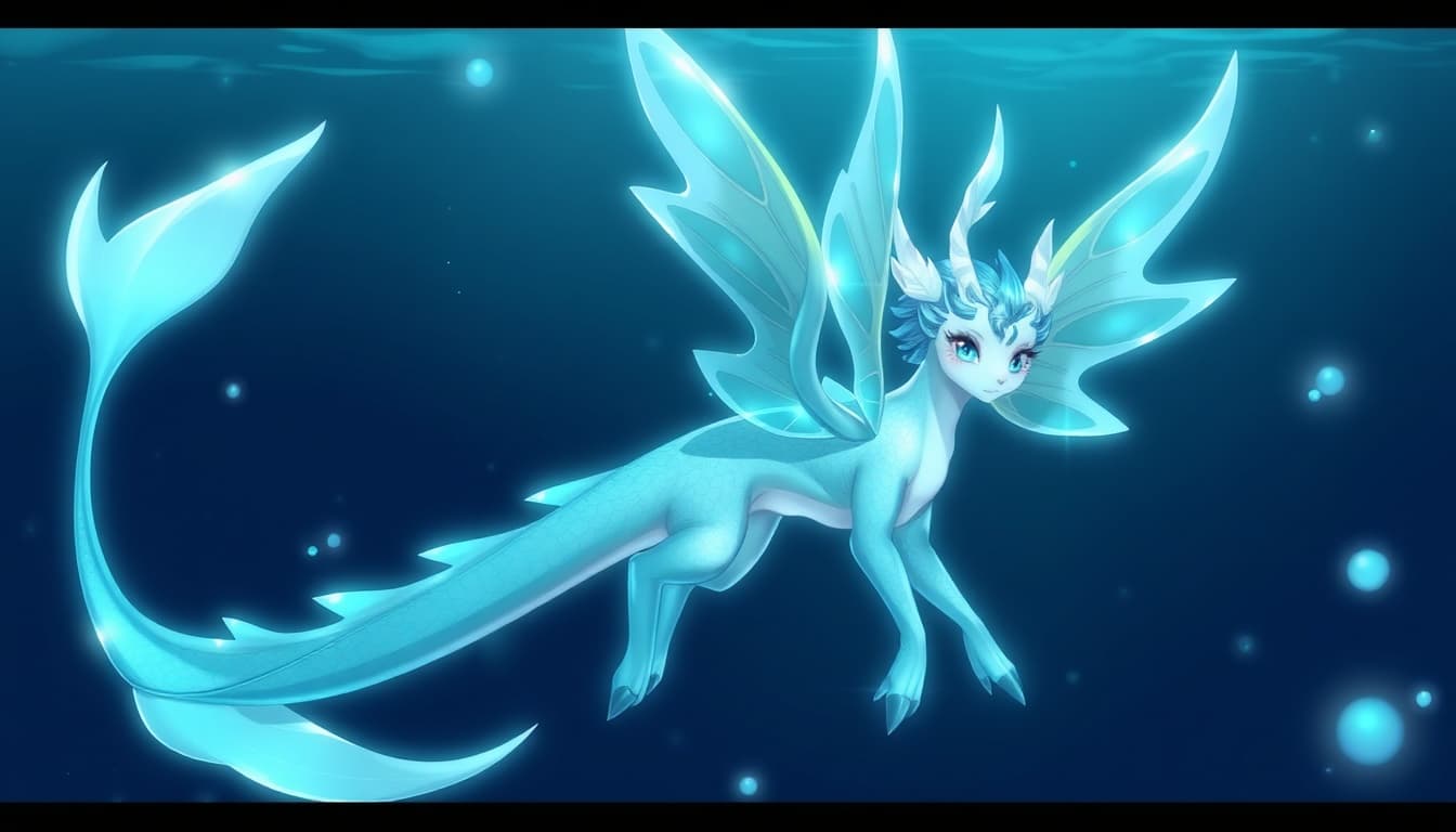 fantasy, anime art style🌊 Aquamarine – RainWing
Color Palette: Turquoise, aqua, soft blue

Wings: Transparent like water, ripple patterns

Eyes: Ocean blue, reflective

Body: Smooth, slender, graceful

Special Features: Can blend into water, scales shimmer like sunlight on waves

Vibe: Calm, wise, elegant, emotionally grounding
2d