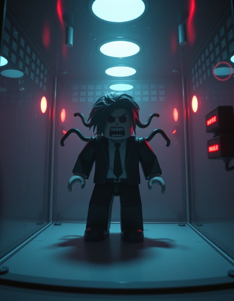 Roblox horror entity, “Subject 01”, unstable humanoid avatar twitching violently inside containment chamber, flickering lab lights, glass cracking, warning alarms implied, camera slowly approaching as entity glitches between forms, pale lighting turning red, cinematic lab horror, high tension, distortion effects