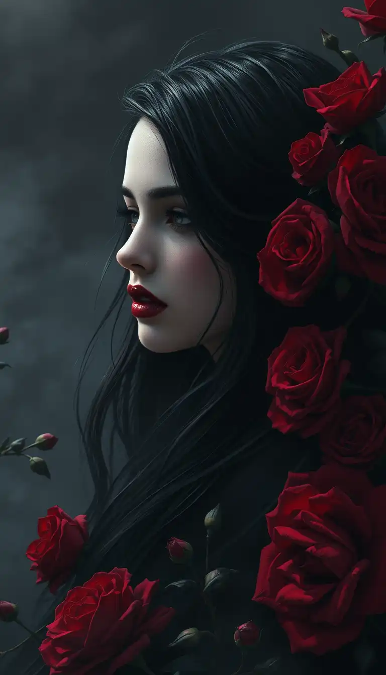 gothic romance digital art, beautiful woman with long dark hair and deep red lips, surrounded by blooming crimson roses and black flowers, dark misty background, dramatic lighting, romantic gothic aesthetic, mysterious and emotional mood, highly detailed floral illustration, cinematic shadows, dark red and black palette