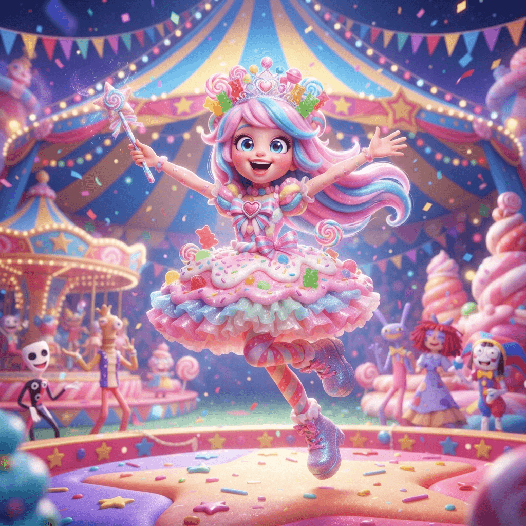 Princess Loolilalu from The Amazing Digital Circus, candy kingdom princess, pastel candy dress, sweet cheerful expression, dynamic playful action pose under the big top, glossy 3D circus style, polished expressive 3D animation, bright colorful Amazing Digital Circus environment, no text, no logo, no watermark