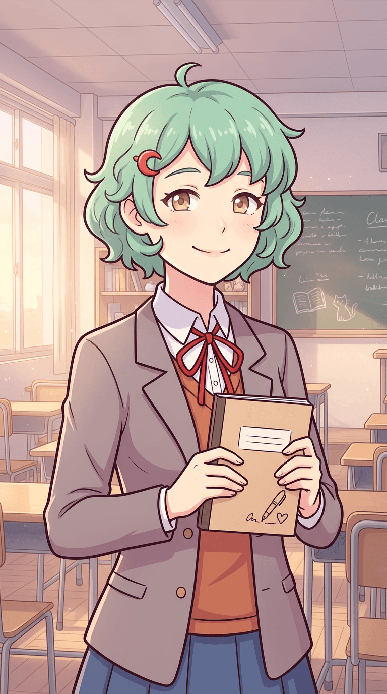 Original character in the Doki Doki Literature Club visual novel art style: a cute anime schoolgirl with short mint hair and a red hair clip, warm smile, grey blazer with a red ribbon and orange vest, holding a poem notebook, sunlit classroom after school, soft pastel cel shading and clean line art. Portrait framing from the waist up, face in the upper third of the frame, one character only. No text, no logo, no watermark.