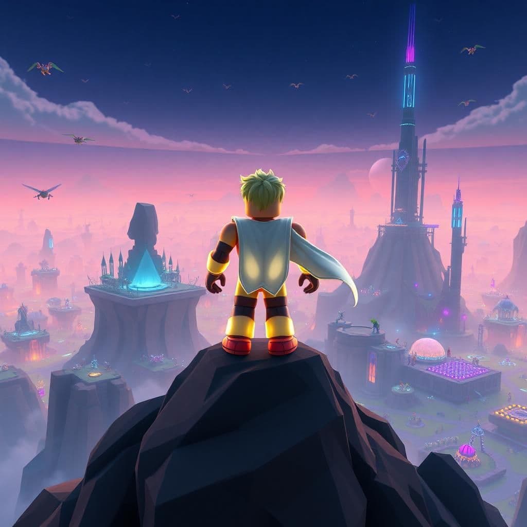 A Roblox character standing triumphantly on top of a massive digital mountain, gazing over an expansive landscape filled with floating islands, giant statues, and futuristic architecture. The character is decked out in a glowing suit, with a custom cape flowing behind them. The world around them is alive with digital creatures flying through the air, and distant, towering structures glow with blue and purple lights. The character’s pose is confident and heroic as they prepare to embark on their next quest.
